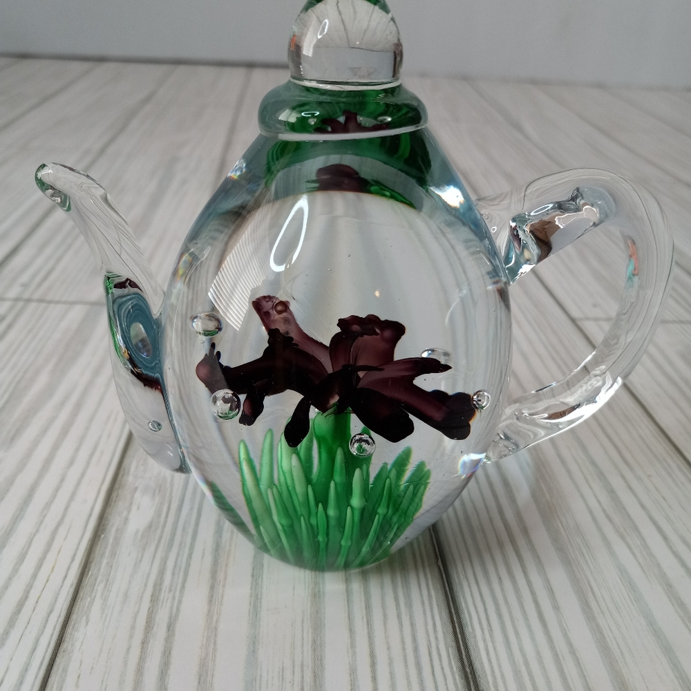 Vintage Dynasty Gallery Glass Teapot Paperweight Flower & Grass Art Glass